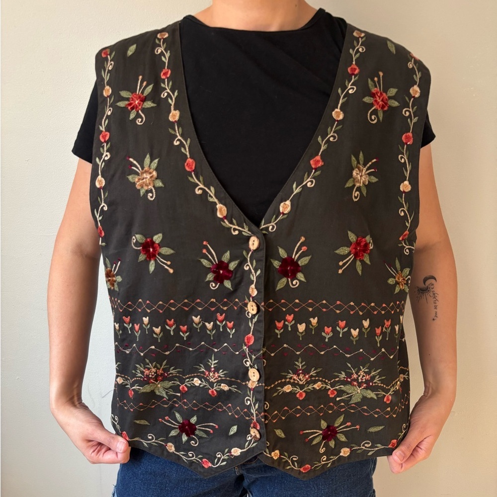 Vintage Cottagecore Grey Black Fairycore Velvet Floral Embroidered Vest - Large - Picture 5 of 7